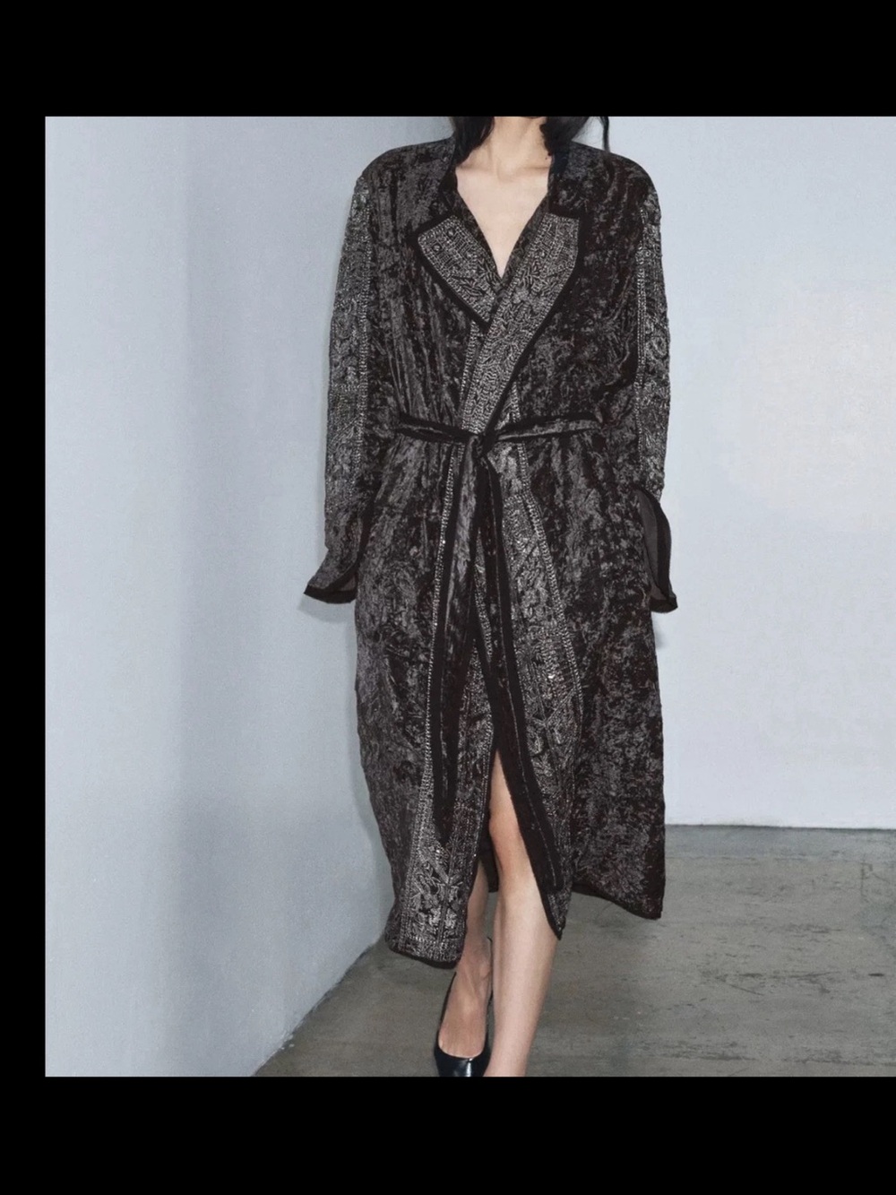Zara Dark Brown Patterned Long Coat with Belt